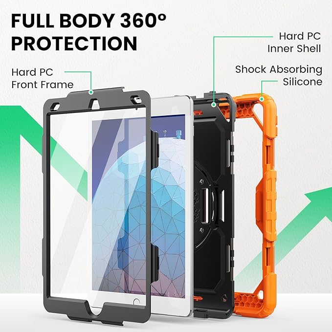 SEYMAC for iPad Air 3/ Pro 10.5 inch Case, Heavy Duty Full-Body Shockproof Protective Case with Screen Protector, 360° Rotating Stand, Hand/Shoulder Strap for iPad Air 3rd Gen, Orange