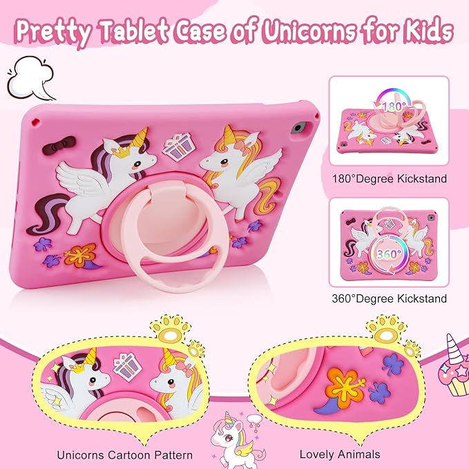 HianDier for iPad 9th Generation Case/iPad 8th Generation Case/iPad 7th Generation Case Cute Unicorn Silicone Tablet Cover with Detachable Strap and Rotatable Stand Shockproof Cover-Rose Pink