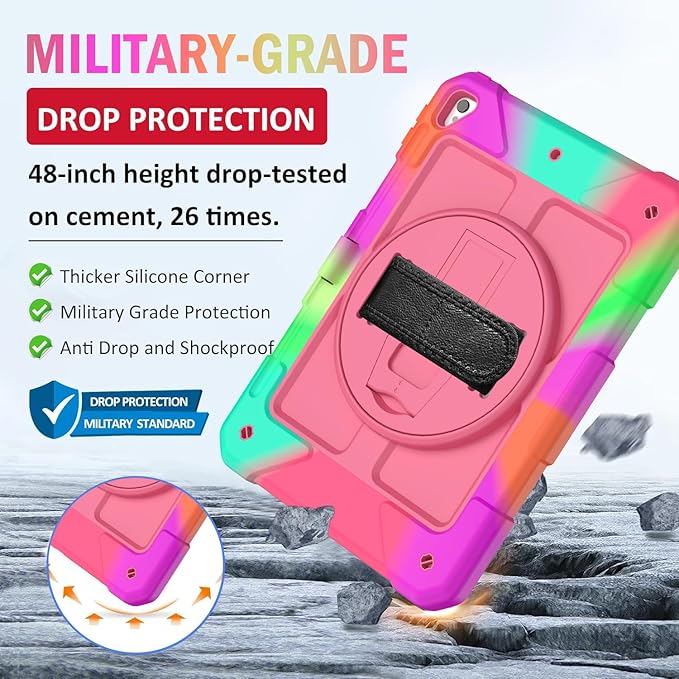 BMOUO Case for iPad 6th/5th Generation Case (9.7 inch, 2018/2017), 360°Rotating Stand, Hand/Shoulder Strap Shockproof iPad 9.7” Case for iPad Air 2, Rose