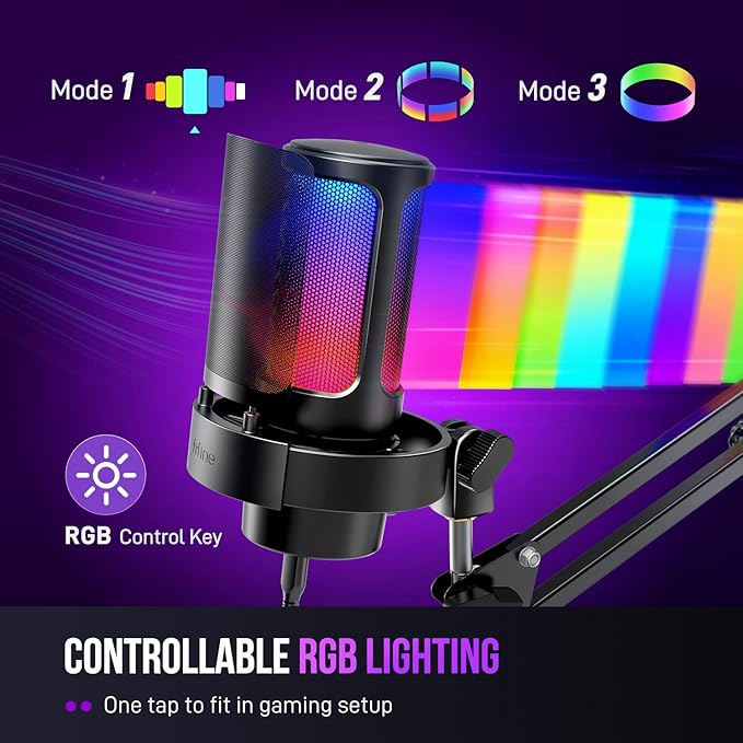FIFINE USB Gaming Microphone Kit, PC Streaming Mic with RGB Lights, Mute, Gain Knob, Metal Boom Arm for Recording Podcast, Condenser Computer Microphone Set Compatible with PS4/PS5-AmpliGame A8T
