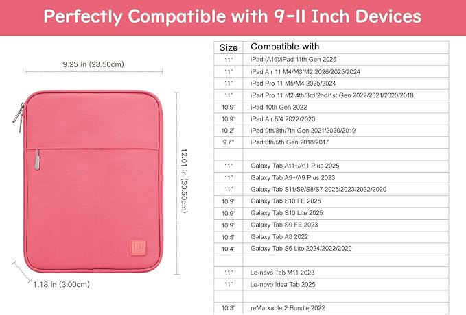 Dadanism 9-11" Tablet Sleeve Padded Carrying Case for iPad (A16) 11th Gen 11", iPad 10th Gen 10.9", iPad Air M4/Pro M5 11", iPad Air 5/4, iPad 9/8/7th Gen, Galaxy Tab A11+ Plus 11", Watermelon Pink