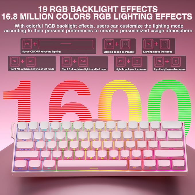 Aula MINI60 HE PRO Wireless Gaming Keyboard 60%,Hall Effect Rapid Trigger Magnetic Keyboard,8000Hz Polling,Tri-Mode(BT5.0/2.4GHz/USB-C),RGB Hot Swappable Compact Pink Mechanical Keyboard for Gamer