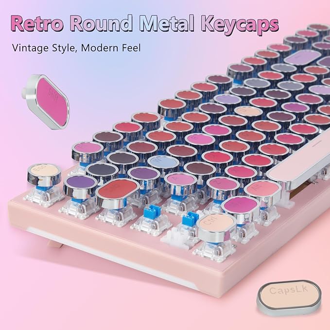 HUO JI Mechanical Gaming Keyboard Typewriter Style with RGB Side Lit and Purple LED Backlit, Retro Style, Blue Switches - Clicky, Metal Panel, Lipstick 104 Keys USB Wired for Mac, PC, Cute Pink
