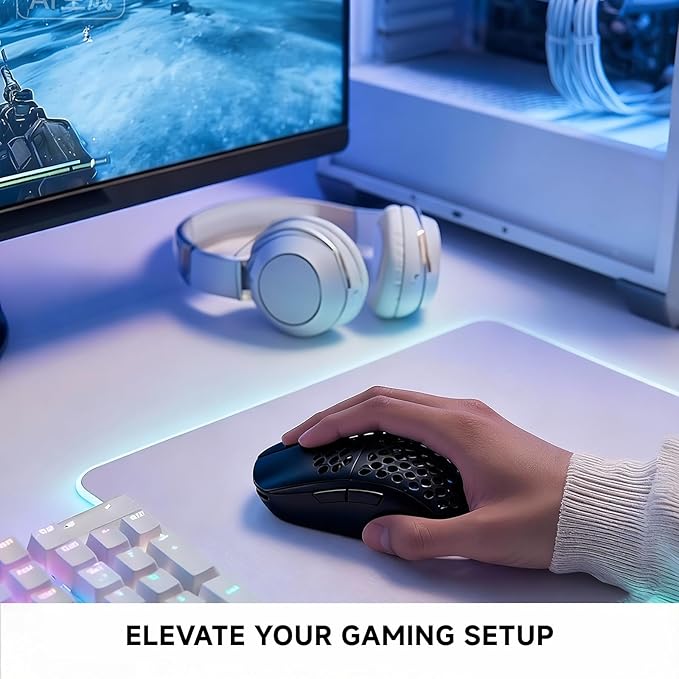 TMKB Wireless Gaming Mouse, 24000DPI Optical Sensor, 180Hrs Battery, Lightweight, 6 Programmable Buttons, RGB Strip, 2.4G/BT5.2/USB-C Wired for PC/Mac/Laptop - Matte Black