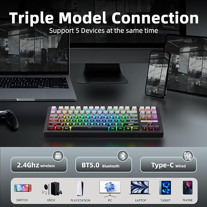 ZORNHER ZH870 Wireless Mechanical Gaming Keyboard,80% Black Custom Creamy Sound Keyboard with Shine Through PBT Keycaps,Pre-lubed Linear Switches,Hot-Swappable,RGB Backlit,2.4GHz/USB-C/BT5.0
