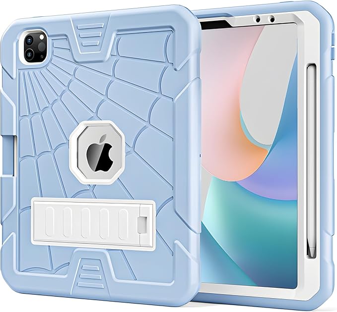TSQQST Case for iPad Pro 11 Inch 4th/3rd/2nd/1st Generation 2022 2021 2020 2018 with Pencil Holder | Rugged Kids Case with Stand for iPad Pro 11-Ice Blue
