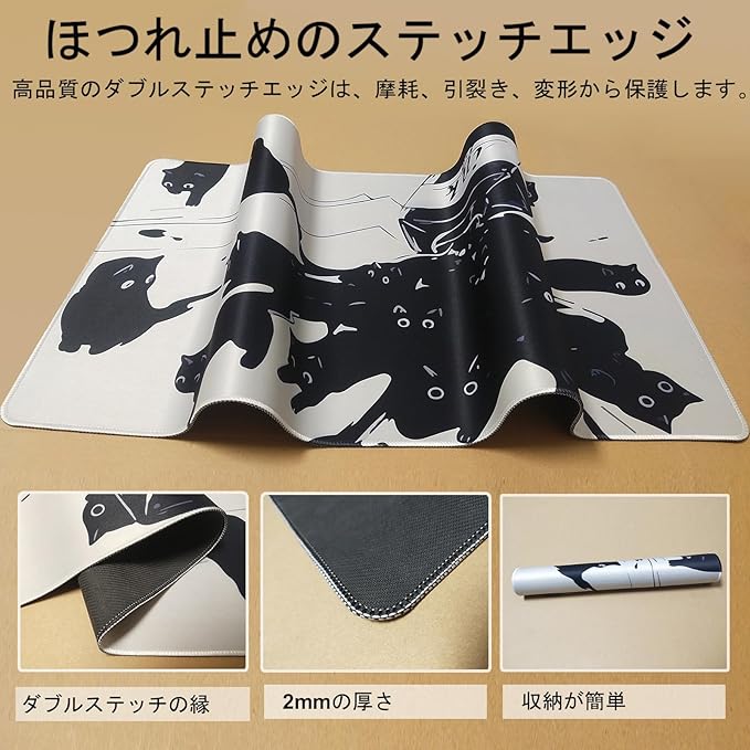 Gaming Mouse Pad XXL Extended Anime Mouse Pad 31.5x15.7inch, Large Cute Kawaii Big Computer Mouse Mat Desk Pad with Non-Slip Rubber Base and Stitched Edge for Home Office-Black Ink Cat