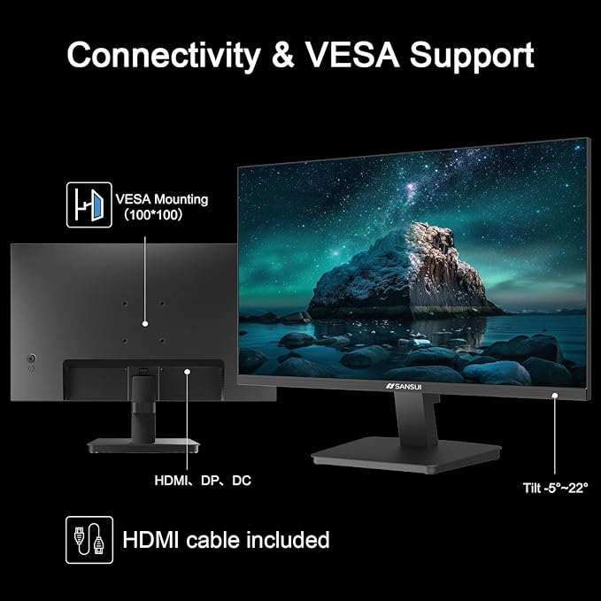 SANSUI 27 Inch Computer Monitor 120Hz, FHD 1080P Flat Monitor, HDMI DP Ports FreeSync, HDR, 110% sRGB, Tilt Adjustable Frameless VESA Compatible for Office and Home (ES-27F2, HDMI Cable Included)