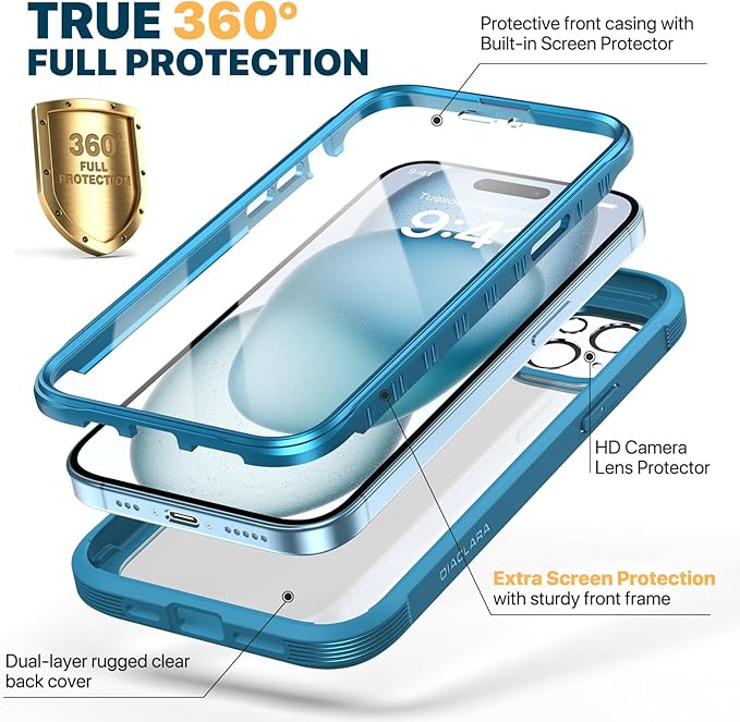 Diaclara Designed for iPhone 15 Case, Full Body Rugged Case with Built-in Touch Sensitive Anti-Scratch Screen Protector, with Camera Lens Protector for iPhone 15 6.1" (Wave Blue)