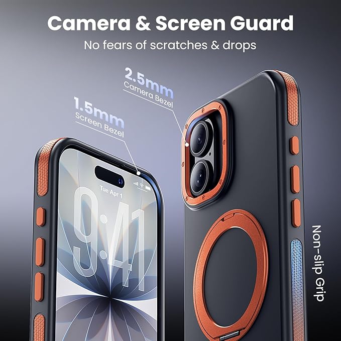 Strong Magnetic Case for iPhone 17 (6.3", 2025) with Stand, Drop-Proof Bumper Cover with Contrast Color Border, Military-Grade Drop Protection, Shockproof Slim Thin Cover,Orange
