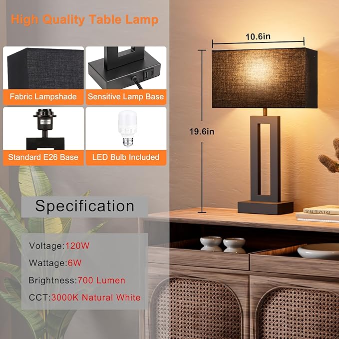 Seealle Nightstand Table Lamps for Bedrooms Set of 2 - Touch Bedside Lamp with USB C+A, 3 Way Dimmable Living Room End Tables 2, Modern Night Stand Bed Side Guest Room(Black) E. Black