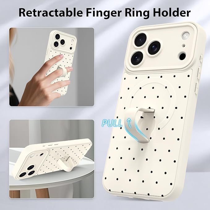 KANGHAR Compatible with iPhone 17 Pro Max Case, Support for MagSafe, Silicone Spot Cute Pattern, Wristband Kickstand Camera Protection Soft Slim Cover for Girls Women -White