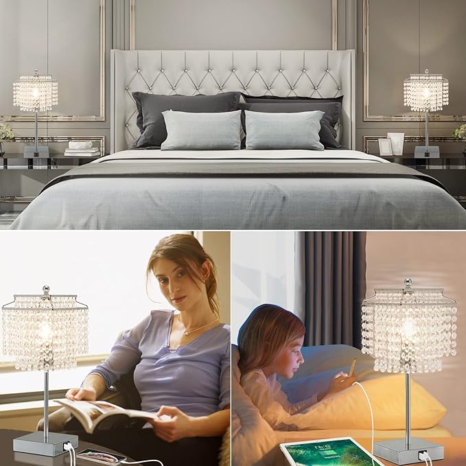 Touch Crystal Table Lamp Silver, Bedside Lamp with USB C+A Ports, Dimmable Nightstand Lamp with Crystal Shade, Bedroom Lamp for Girls Bedroom, Living Room, Bulb Included
