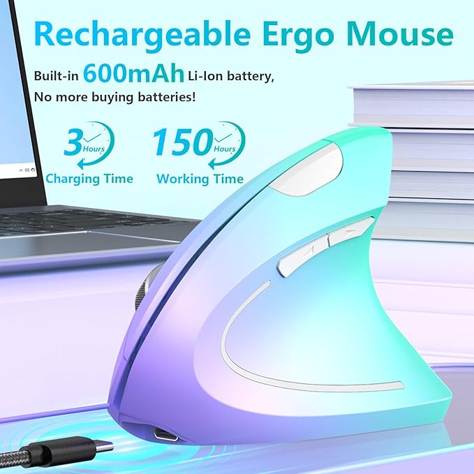 Lekvey Ergonomic Mouse, USB C Wireless Vertical Mouse, Dual Mode Rechargeable USB-A & Type-C Ergo Mouse, 1600 DPI, Relieves Wrist Pain and Carpal Tunnel, for Laptop Computer Mac MacBook, Purple Green