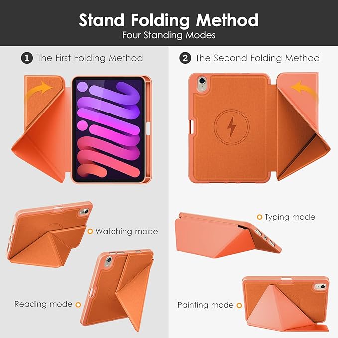 DTTO Case for iPad mini 7 (A17 Pro) 2024 / iPad mini 6 2021 8.3 inch with Pencil Holder, Multi-Angle Magnetic Standing Cover for iPad mini 7th/6th Generation [Auto Wake/Sleep], Orange