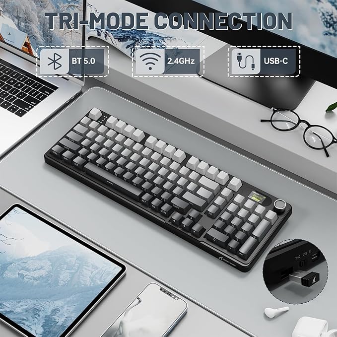 MAMBASNAKE Attack Shark X98 Pro Wireless Mechanical Keyboard with Screen & Knob,2.4G/USB-C/BT5.0 Gasket Hot Swappable Creamy Keyboard102 Keys, Web Driver RGB Gaming Keyboard for PC/Mac/PS4/Xbox