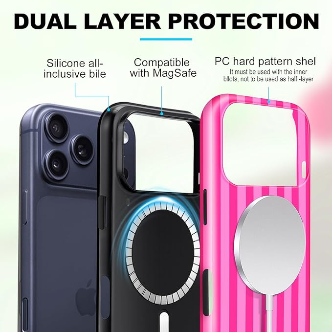 Magnetic for iPhone 17 Pro Max Case Cute Stripes Phone Case, Shockproof Slim TPU and Hard PC Protective Phone Cover Compatible with MagSafe Designed for Women Girls, Deep Pink