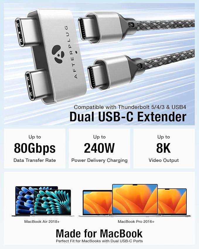 Dual USB‑C Extender for MacBook with Case, 2-Port Pass‑Through Adapter for Thunderbolt 5/4/3 & USB4 – 240W PD, 8K Video, 80Gbps Data - Silver