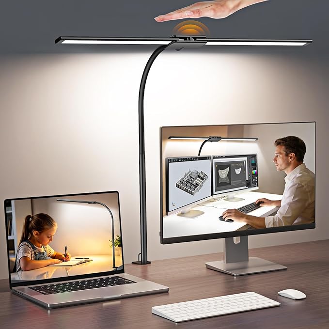 Syrinx LED Desk Lamp for Office Home, Dual Head Eye-Care Architect Table Lamp, Gesture/Wired Control, Flexible Neck, Bright Desk Light with Memory/Timer, 50 Lighting Modes for Study, Reading, Drafting