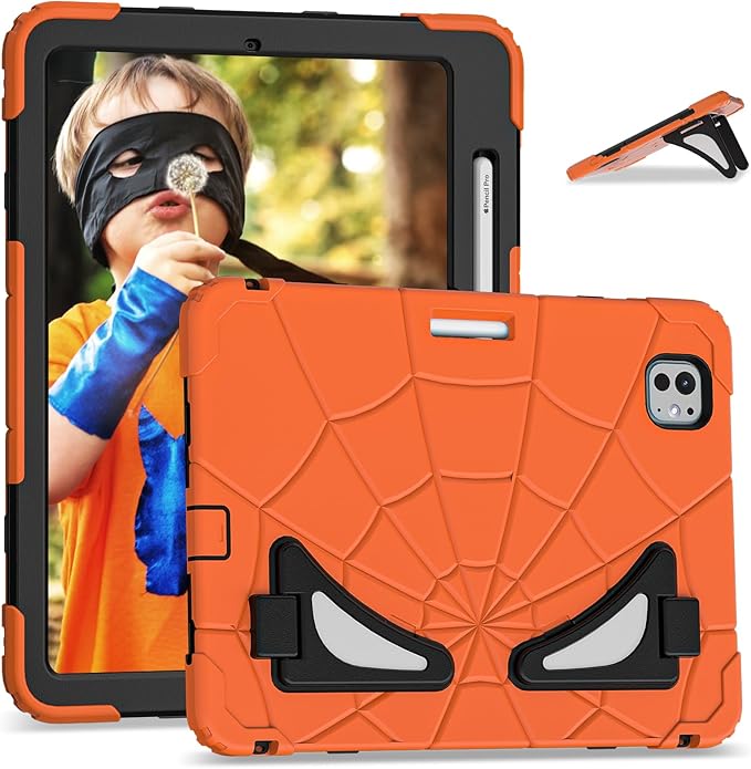 AKABEILA Compatible with Apple iPad Pro 11(2024) 11 inch Tablet Case，Lightweight Shockproof Rugged Protective Cover with Kickstand for Kids Children Boys Babies Orange Black