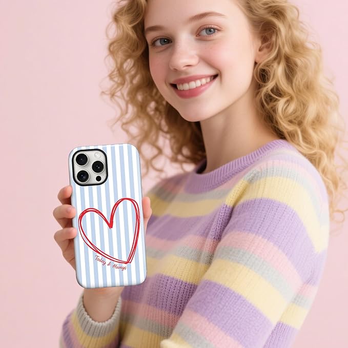Magnetic for iPhone 15 Plus Case Cute Blue Heart Stripes Phone Case, Love Shockproof Slim TPU and Hard PC Protective Phone Cover Compatible with MagSafe Designed for Women Girls