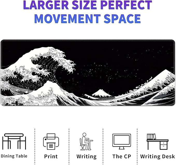 Large Mouse Pad, Desk Mat, XL Gaming Keyboard Mat, Non-Slip Rubber Base, Full Extended Mousepad for Gaming Office Home, 31.5 X 11.8 Inch, Japanese Sea Wave