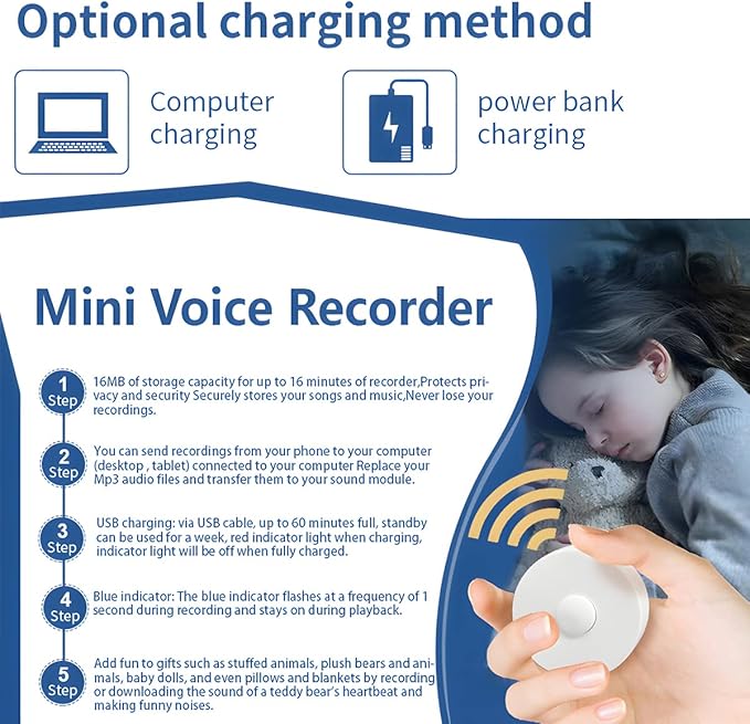 16 Minutes Voice Recorder, Record Custom Message for Crafts, Stuffed Bear, Baby Doll, and Pillow