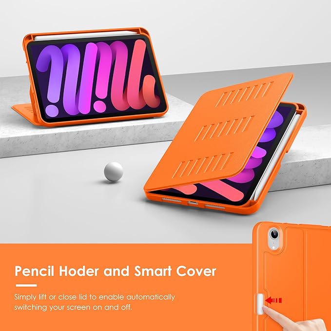 VIKESI Case for iPad mini 7 (A17 Pro) and iPad mini 6,Multiple Angles Magnetic Stand Cover,Shockproof Soft Back,Pencil Holder,and Auto Sleep/Wake,Orange