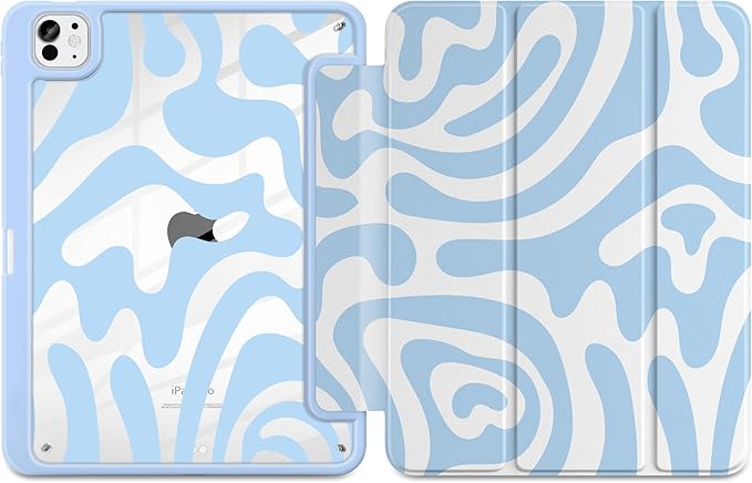 Case for iPad Pro 11 Inch (M5 2025 M4 2024) – [Built-in Pencil Holder], Shockproof & Stylish, Clear Hard Back + Soft TPU Edge, Magnetic Trifold Stand, Auto Wake/Sleep, Blue Wave