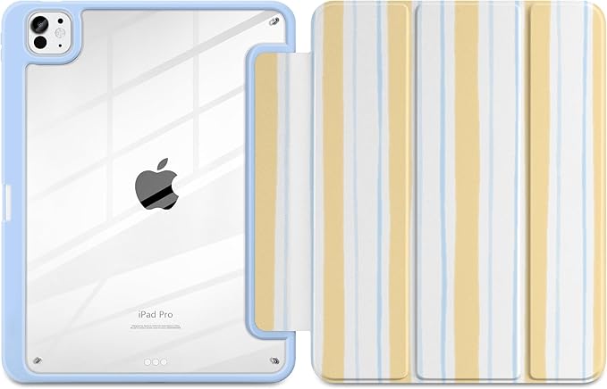 Case for iPad Pro 13 Inch (M5 2025 M4 2024) – [Built-in Pencil Holder], Shockproof & Stylish, Clear Hard Back + Soft TPU Edge, Magnetic Trifold Stand, Auto Wake/Sleep, Watercolor Stripes