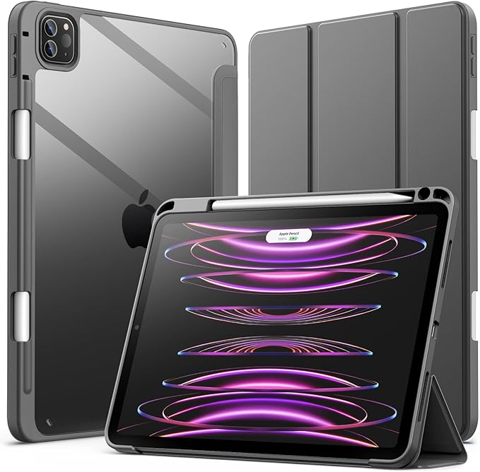 JETech Case ONLY for iPad Pro 11 Inch (2022/2021/2020/2018) with Pencil Holder, Clear Transparent Back Shell Slim Stand Shockproof Tablet Cover, Auto Wake/Sleep (Space Gray)