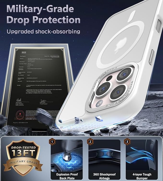 Newfuture Designed for iPhone 16 Pro Case with Magnetic [13 FT Military Drop Protection] [Compatible with Magsafe] Slim Translucent Matte Shockproof with Anti-Fingerprint Phone Case,Frosted White