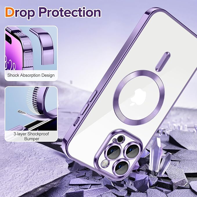 Hython Magnetic Clear for iPhone 14 Pro Case with Camera Lens Protector [Compatible with MagSafe] Luxury Plating Edge Slim Soft TPU Cover Protective Phone Case for iPhone 14 Pro 6.1", Light Purple