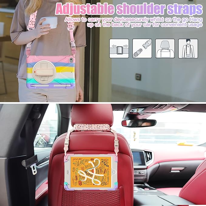 BRAECNstock Kids Case for Apple iPad mini 5/4 7.9" 2019/2015, Shockproof Protective with Pencil Holder, Rotating Hand Strap & Stand, Shoulder Strap, Case for iPad mini 5th/4th Gen, Colorful Pink