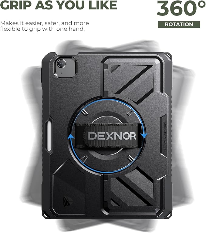 Dexnor Case for iPad Air 11 inch M4/M3/M2, iPad Air 5th/4th Generation 10.9 inch Rugged Case with 360° Rotating Hand Strap & Stand & Screen Protector & Pencil Holder Shockproof Full-Body Cover, Black