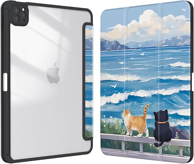 Case for iPad Pro 11 inch 4th/ 3rd/ 2nd / 1st Generation (2022/2021/2020/2018), Case with Pencil Holder, Stand Clear Back Cover Cute Cool Design for Women Girls, Auto Sleep/Wake, Cute Cat