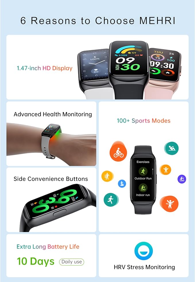 MEHRI Fitness Tracker - Smart Watch with 24/7 Heart Rate, Blood Pressure & Oxygen, Sleep & Stress Monitoring, IP68 Waterproof, Activity Tracker, Step Count, Calories, Distance & More (Pink)