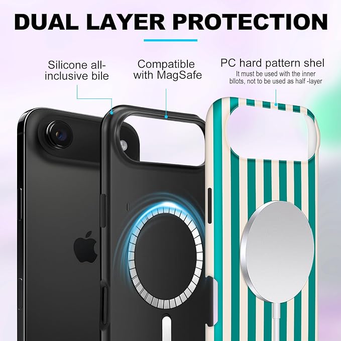 Magnetic for iPhone 17 Air Case Cute Stripes Phone Case, Shockproof Slim TPU and Hard PC Protective Phone Cover Compatible with MagSafe Designed for Women Girls, Emerald Green