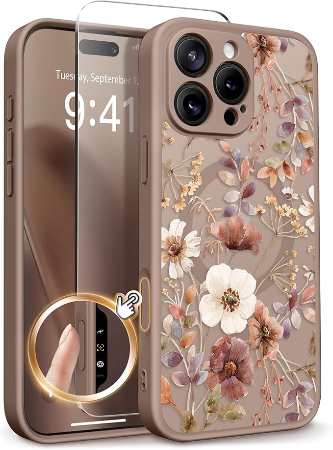 GVIEWIN for iPhone 16 Pro Max Case Compatible with MagSafe, [Military Grade Protection] [Screen Protector] Full Camera Protection Floral Translucent Women Magnetic Phone Case, Corn Poppy/Brown