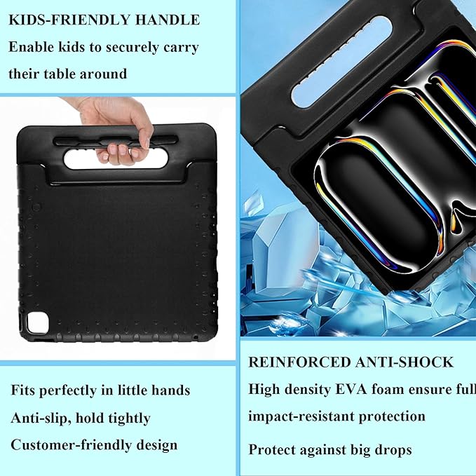 for iPad Air 13-inch Case M3/M2 (2025/2024) for Kids with Pencil Holder/Kickstand, Anti-Slip Handle Stand Lightweight Soft EVA Foam Shockproof Rugged Bumper Tablet Protective Cover, Black