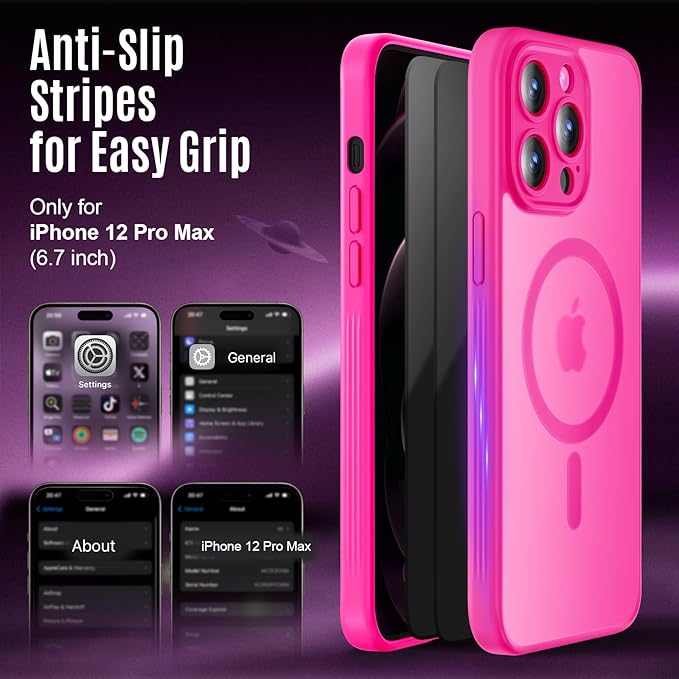 Symcele Designed for iPhone 12 Pro Max Case, Compatible with MagSafe, with Privacy Screen Protectors X2, [Camera Protection] [15FT Military Drop Protection] Shockproof Phone Case, 6.7", Hot Pink