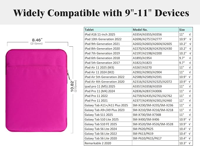 TiMOVO 9-11" Tablet Sleeve Bag for iPad 11-inch A16 2025, iPad 10.9"/10.2"| Air 11 Inch/5th/4th Gen. 10.9", Galaxy Tab A9+/A11Plus 11", Protective Bag Fit Smart Keyboard, Plum