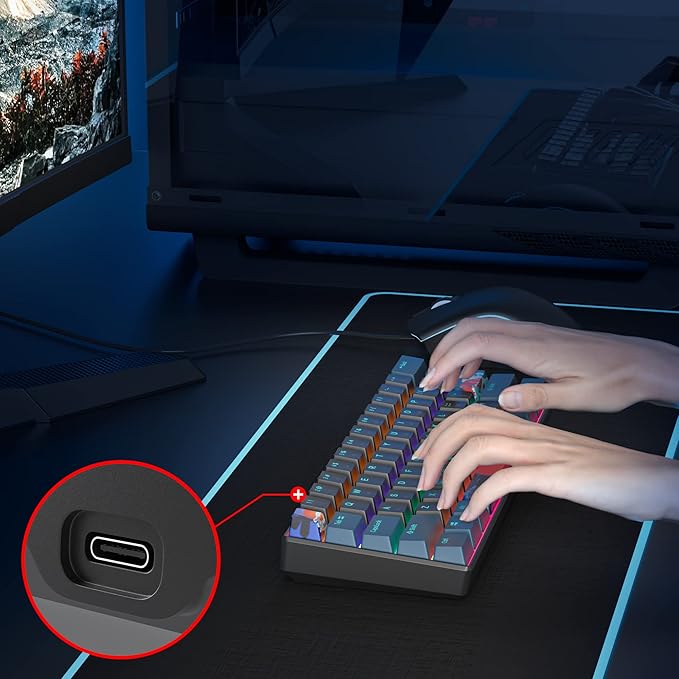Protable 60% Percent Gaming Keyboard Mechanical, Mini Compact Backlit 61 Keys Wired Office Keyboard with Red Switch for Mac/Win (Monstor Black/red Switch 61)