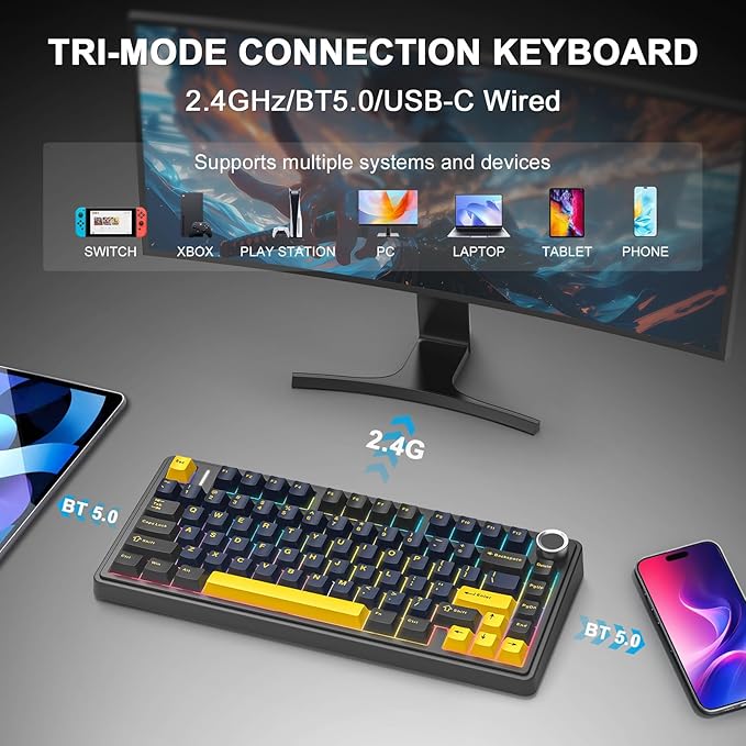 AULA F75 - 75% Wireless Mechanical Keyboard,Hot Swappable Custom Gaming Keyboard with Knob,BT5.0/2.4GHz/USB-C,RGB Backlit,Pre-lubed Reaper Switches,Double Shot PBT Keycaps,Mechanical Gaming Keyboards