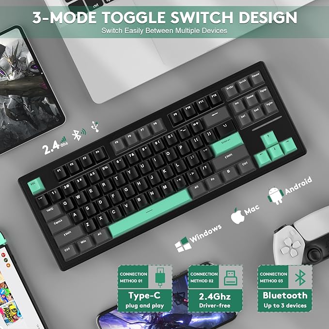 FELICON Attack Shark M87 80% Wireless Mechanical Gaming Keyboard, Tri-Mode (Bluetooth/2.4GHz/USB-C), RGB Backlit, Hot-Swappable PBT Keycaps – Black
