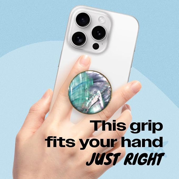 On The Grip Universal Phone Grip & Stand, Genuine Natural Gemstone/Seashell, Strong Adhesive Finger Holder, Collapsible Socket for iPhone, Samsung Galaxy, Kindle and Tablets (Blue Green)