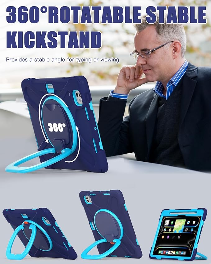 BRAECN for iPad Pro 11 Inch Case (M5/M4) 2025/2024, Shockproof Silicone Cover with Built-in Screen Protector, Multiple Adjustable Viewing Angles, Shoulder Strap, Handle Grip, Pencil Holder, Navy Green