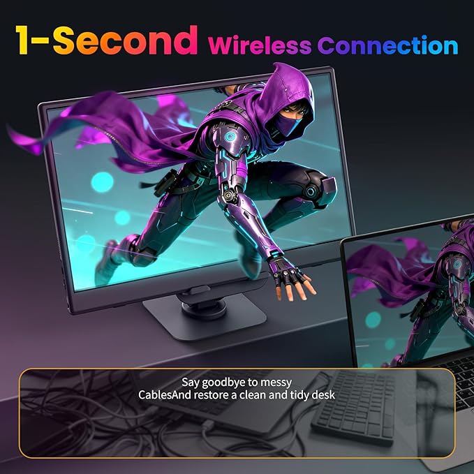 Wireless Portable Monitor, 15.6" 1080p FHD 60Hz Wireless Monitor for Laptop with Auto Rotation, Second Travel Portable Screen for PS4/5/Switch/MAC/Phone