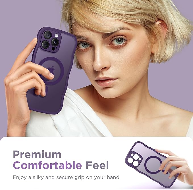 CAPRARO Cute for iPhone 14 Pro Case, Compatible with MagSafe, [Curly Wave Edge] [Full Camera Protection] [14 FT Drop Protection] Magnetic Phone Case for 14 Pro 6.1 Inch, Deep Purple