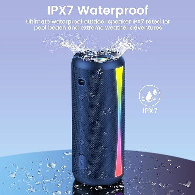 Portable Bluetooth Speaker, 2026 Bluetooth Wireless Speaker 5.4 with RGB Lights, 30H Playtime with Deep Bass, IP7 Waterproof, TWS Pairing, Portable Speaker for Travel/Party/Home/Gifts, Blue